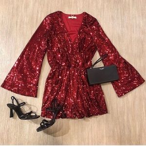 Red Sequin long sleeve Romper